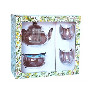 Gift Set with Teapot & Strainer, Burner and 2 x Double Wall Cups