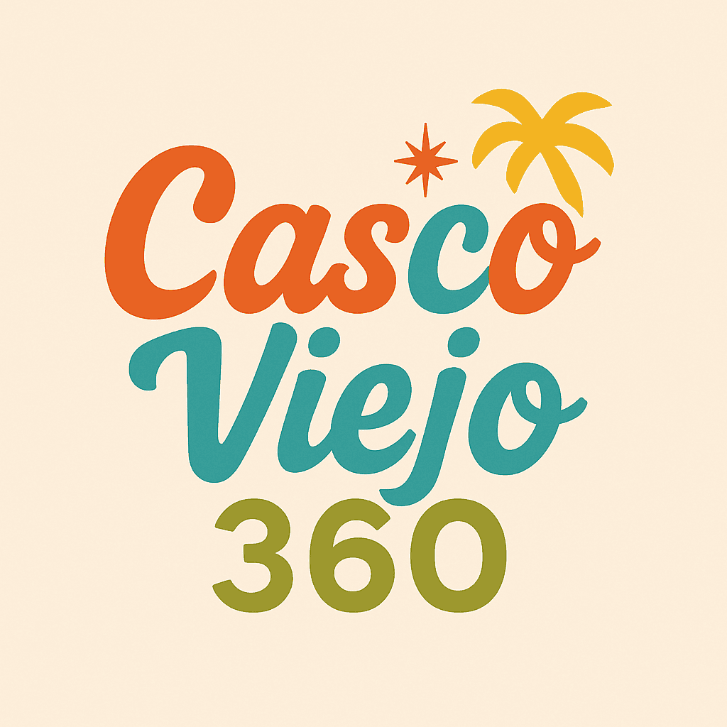 Casco Viejo 360 logo with retro palm and star design in tangerine, teal, and mustard