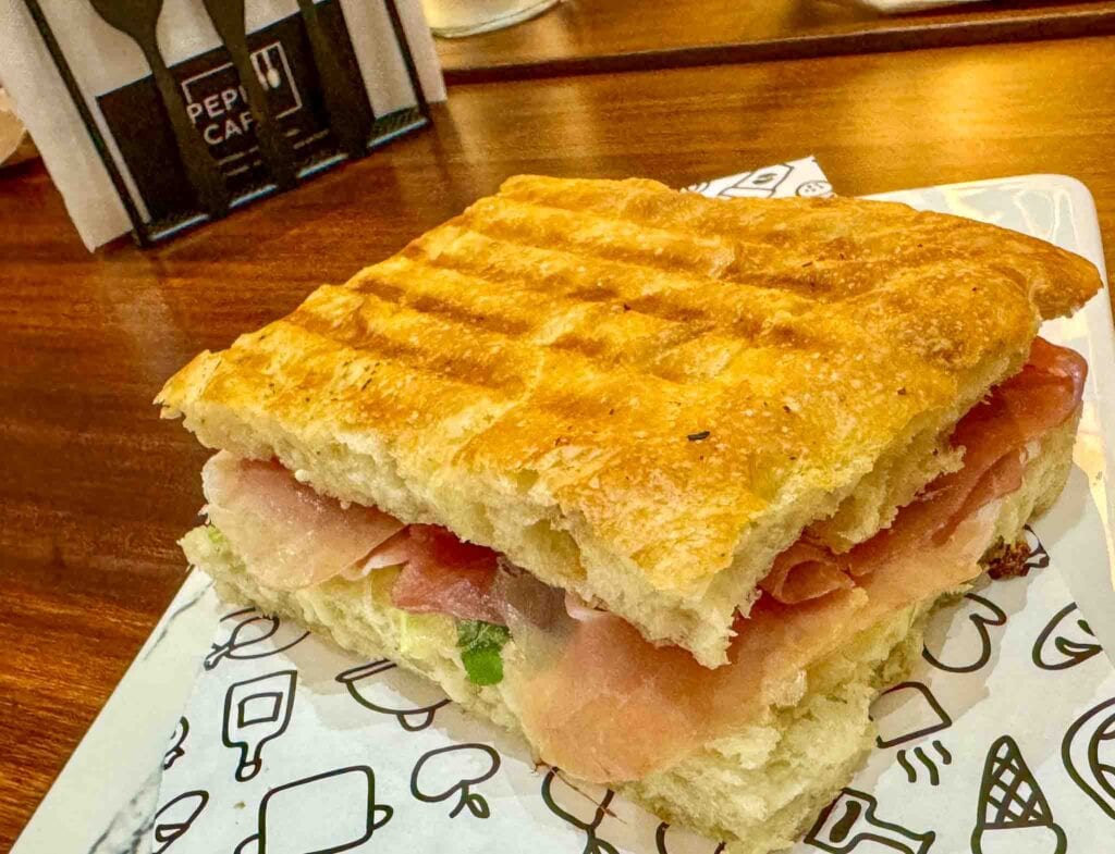 Prosciutto sandwich on focaccia bread served at Pepe Café in Casco Viejo