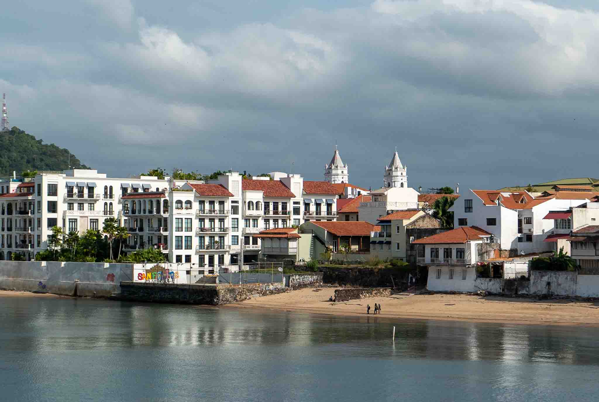 Panoramic view of Casco Viejo shoreline with colonial buildings and church towers