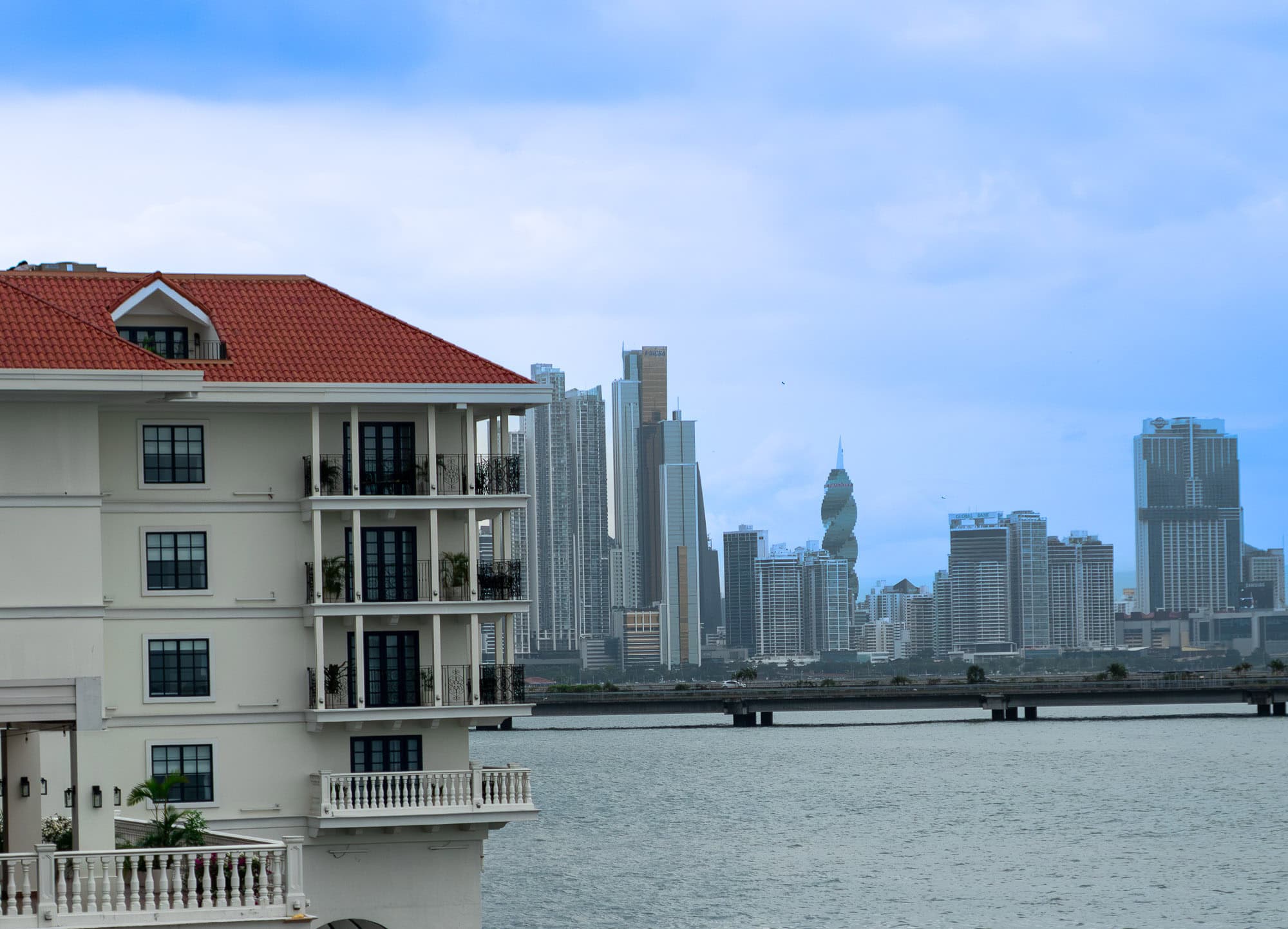 View of Panama City skyline with a waterfront condo in Casco Viejo