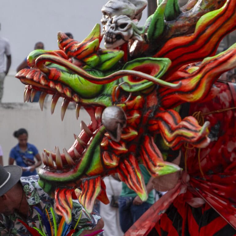 Close-up of Diablico Sucio devil mask during cultural celebration in Casco Viejo, Panama
