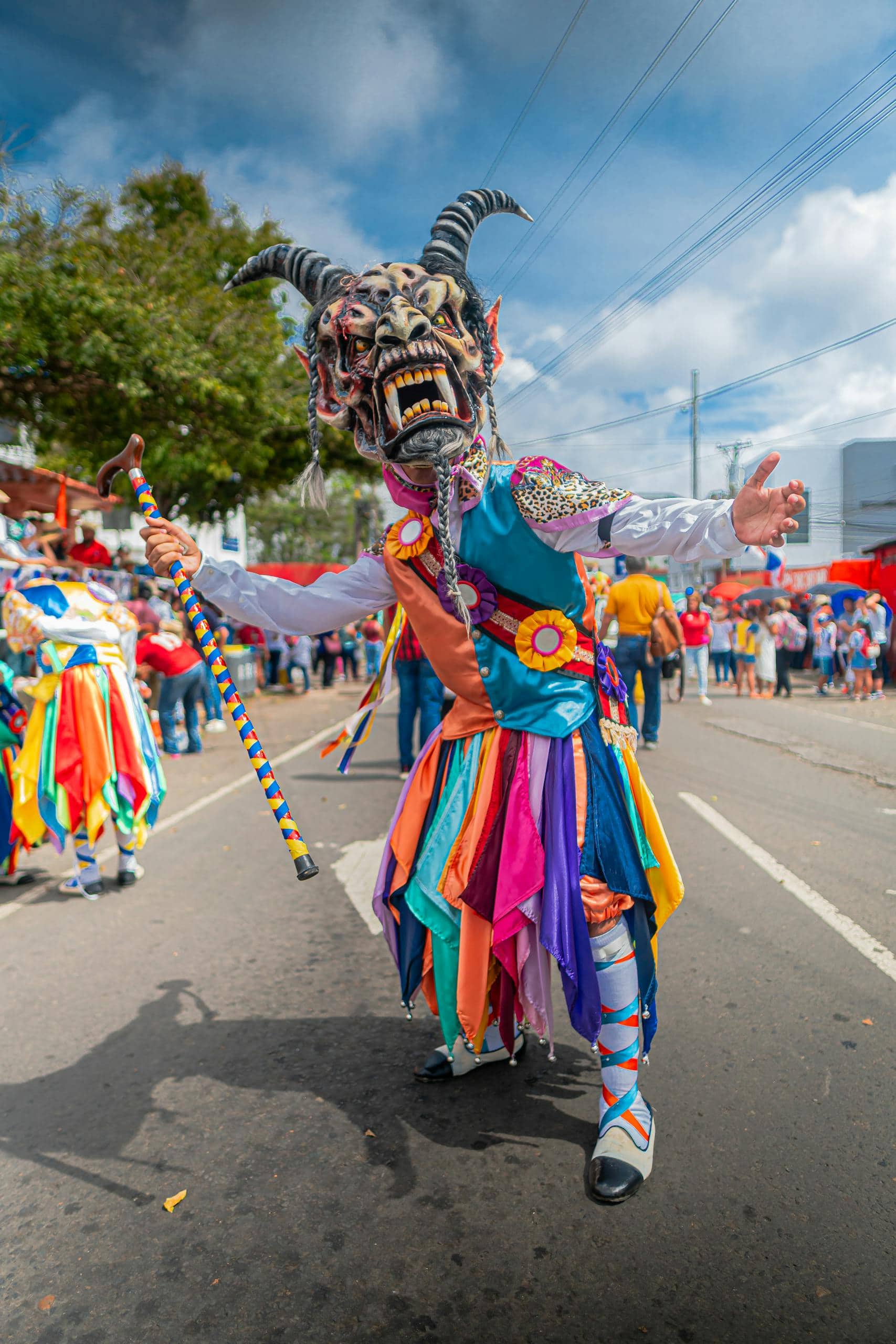 Colorful street festival with traditional Panamanian costumes in La Chorrera