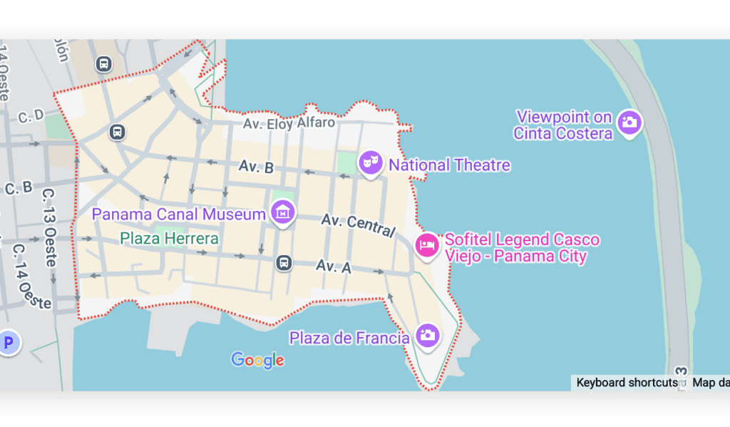 Map of Casco Viejo Panama showing streets, landmarks, and the UNESCO heritage site boundary