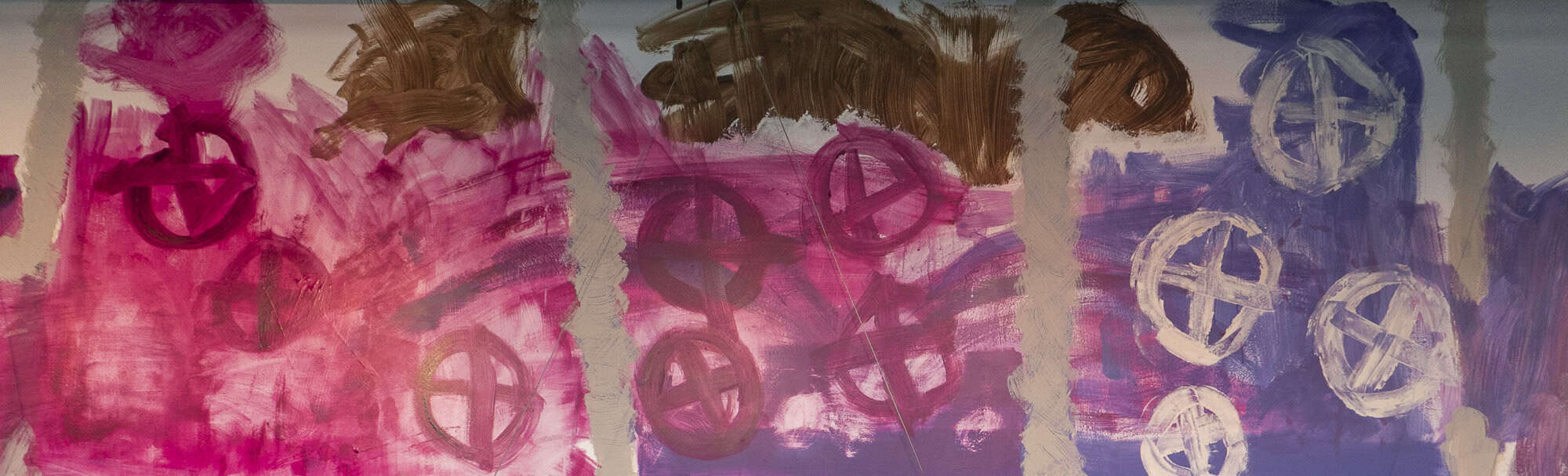 Abstract contemporary artwork with bold purple, pink, and brown brushstrokes displayed at MAC Panamá Casco Antiguo