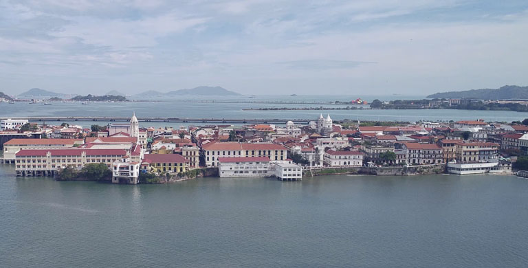 Aerial view of Casco Viejo, Panama—historic peninsula and skyline from the bay.