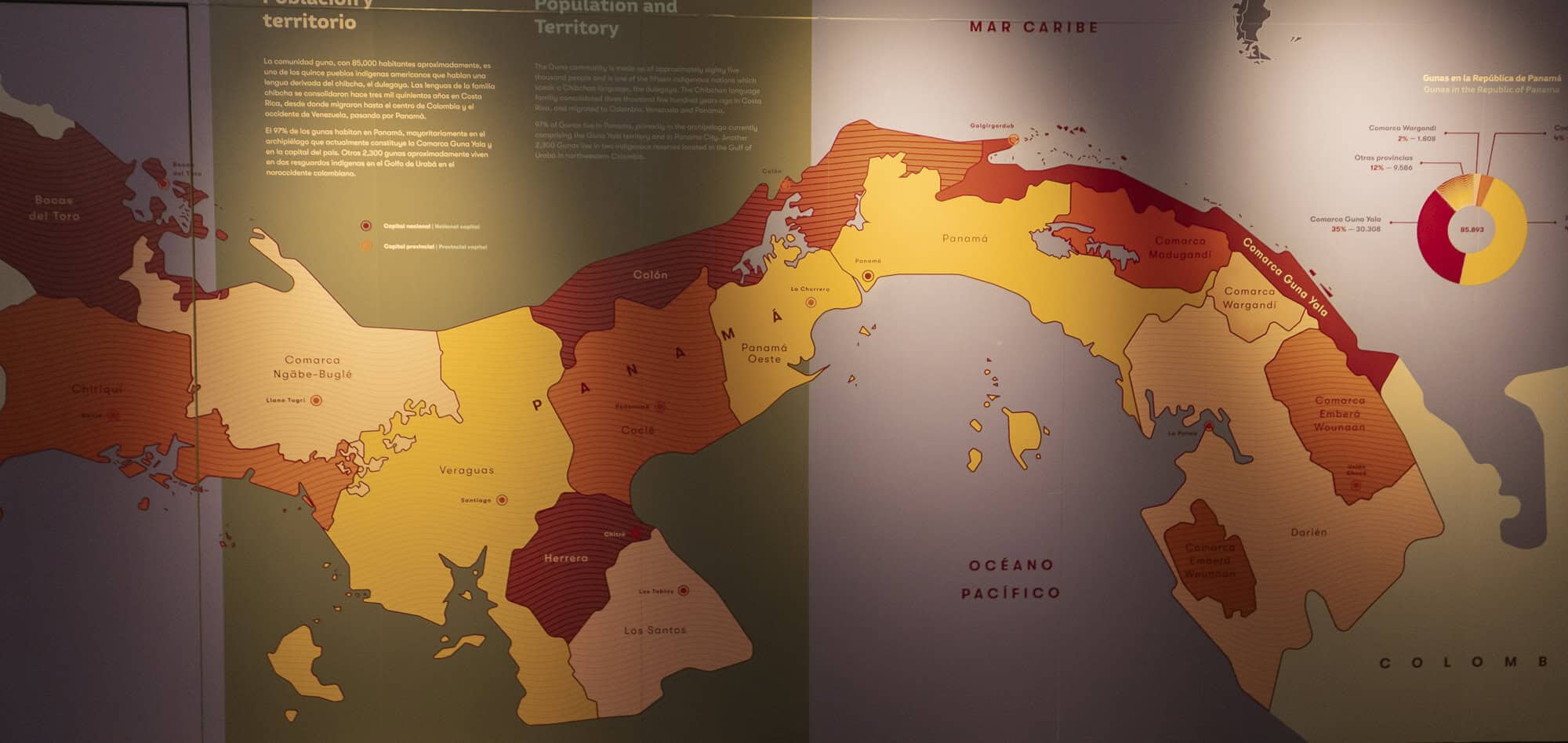 Colorful wall map of Panama displayed at the MOLA Museum in Casco Viejo, highlighting indigenous territories and regions.