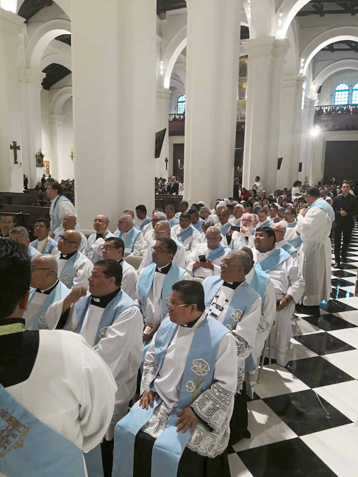 Clergy gathered inside the Metropolitan Cathedral of Panama during a religious ceremony in Casco Viejo.