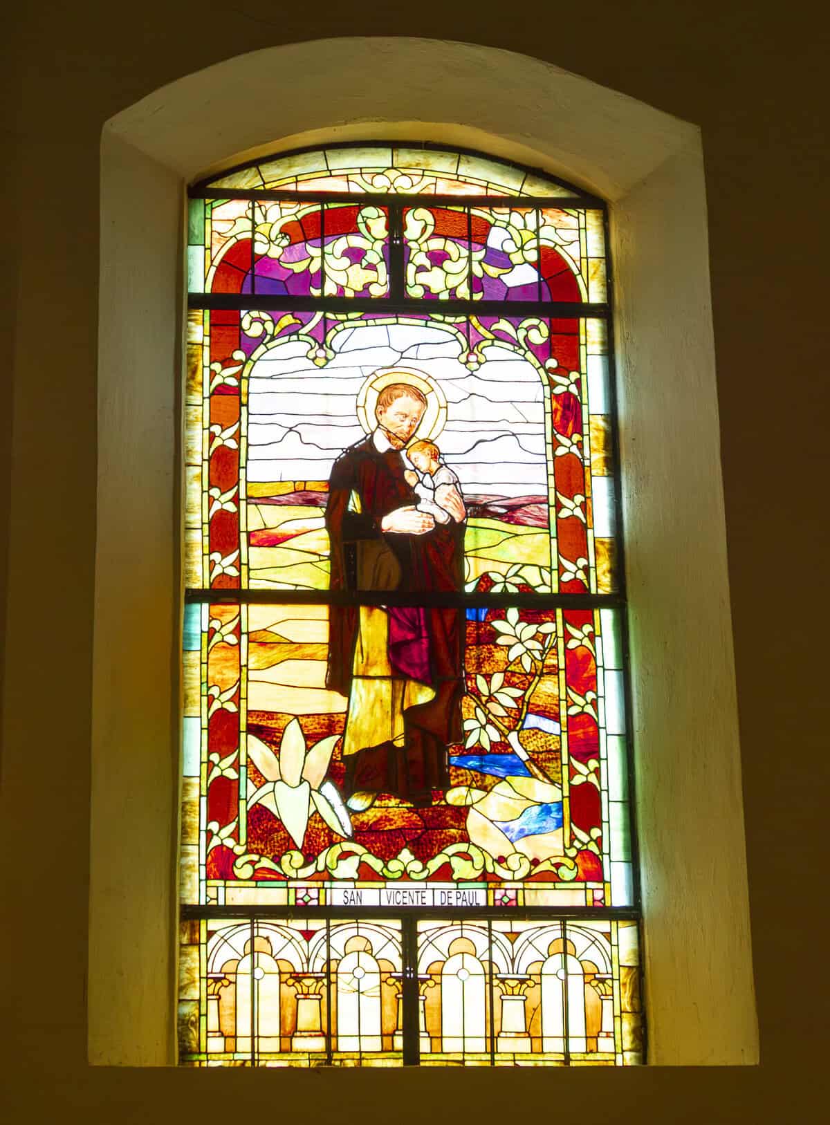 Stained-glass window of Saint Joseph holding the Christ Child inside the Metropolitan Cathedral in Casco Viejo, Panama.