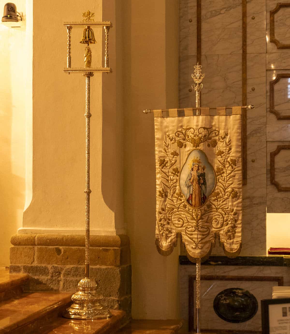 Processional banner with Marian embroidery inside the Metropolitan Cathedral of Panama in Casco Viejo.
