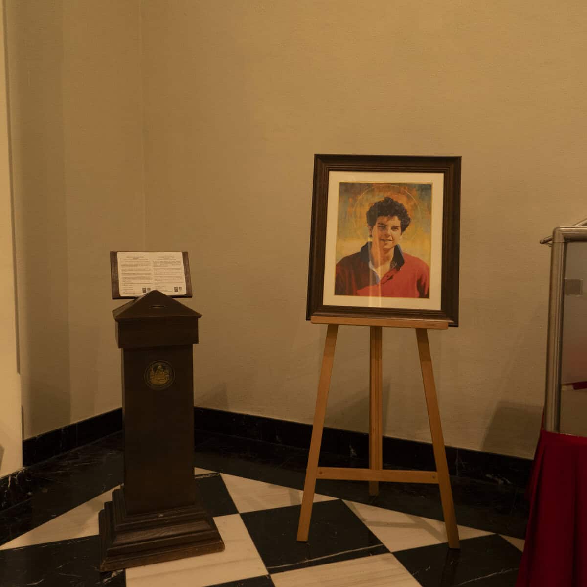 Portrait of Blessed Carlo Acutis displayed inside the Metropolitan Cathedral of Panama in Casco Viejo.