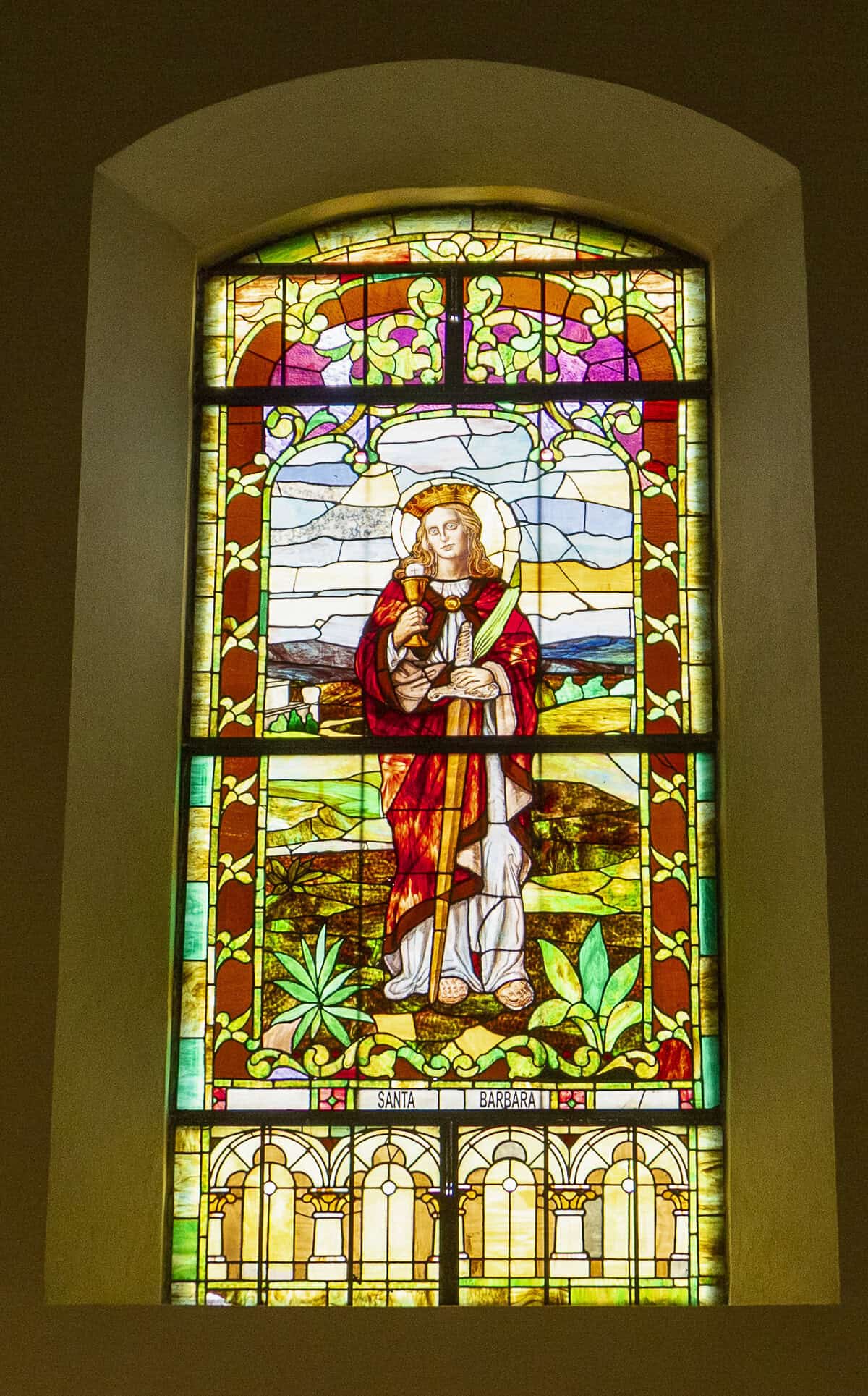 Stained-glass window of Saint Barbara inside the Metropolitan Cathedral of Panama in Casco Viejo.
