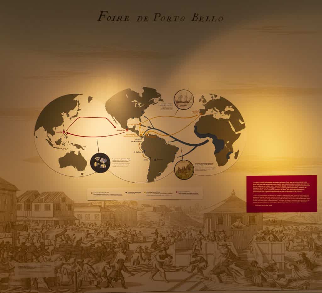 Historic trade map display titled “Foire de Porto Bello” at the Panama Canal Museum in Casco Viejo, part of the museum’s 2025 renovation.
