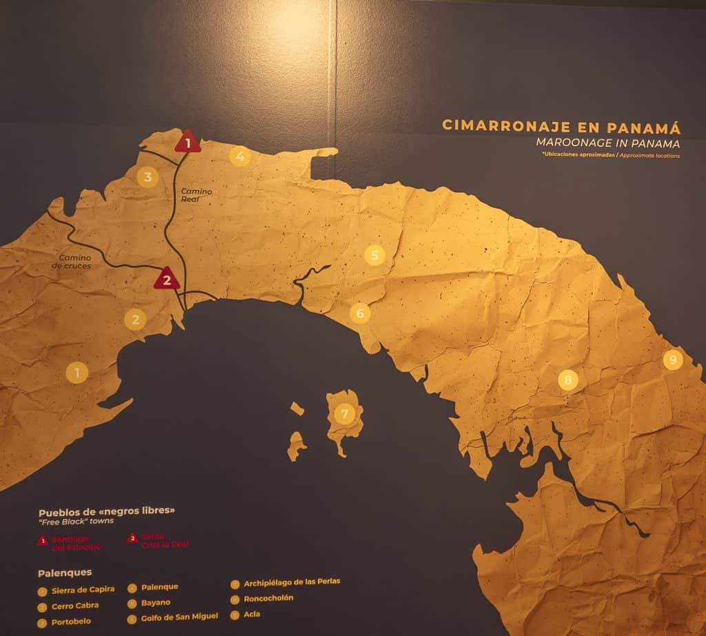 Map exhibit titled “Cimarronaje en Panamá” showing maroon communities across Panama, displayed at the renovated Panama Canal Museum in Casco Viejo.