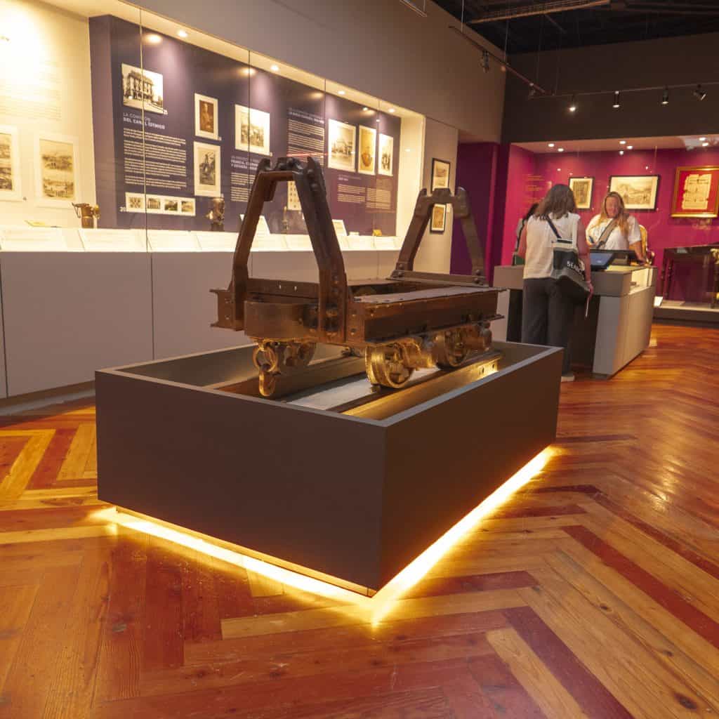 Historic rail cart used in the construction of the Panama Canal on display at the renovated Panama Canal Museum in Casco Viejo, Panama.