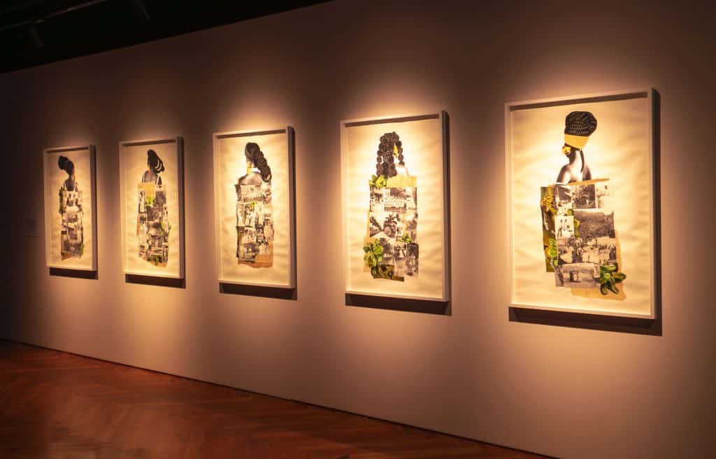 Contemporary art installation at the Panama Canal Museum in Casco Viejo, featuring illuminated portraits symbolizing Panama’s identity and cultural evolution.