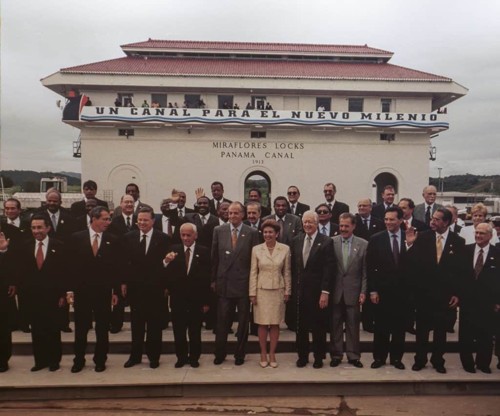 Historic photograph of Panama’s leaders and dignitaries at the Miraflores Locks during the Panama Canal handover ceremony marking the new millennium.