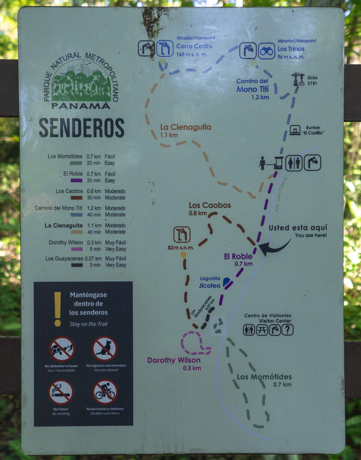 Trail map showing hiking routes at Metropolitan Natural Park Panama City