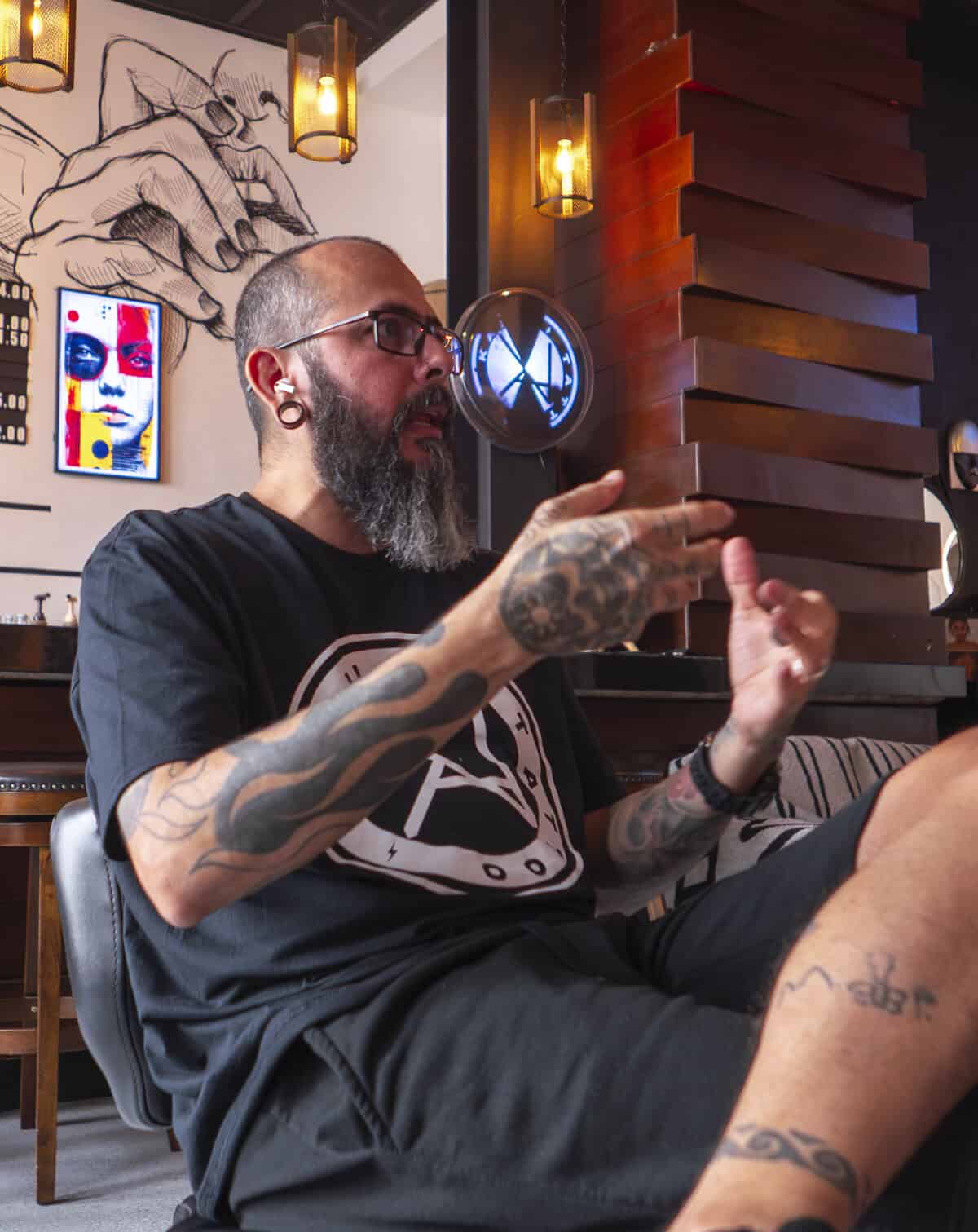 Kail explaining his tattoo philosophy during an interview at KAIL Tattoo Studio Casco Viejo Panama