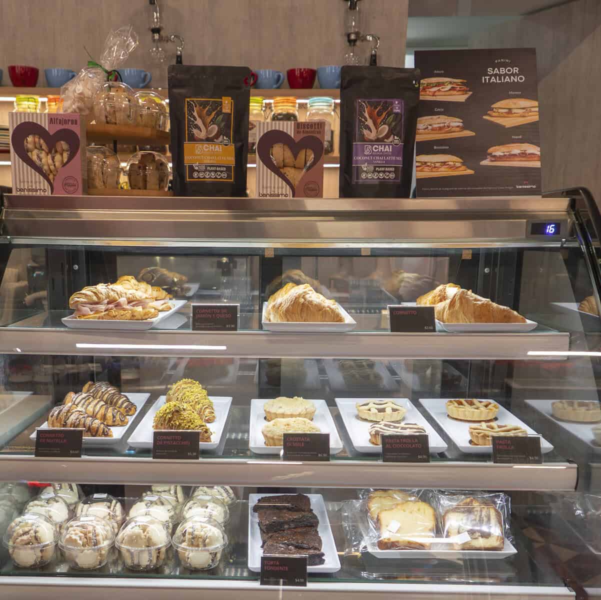 Pastry display case at Benissimo Gelato Café in Casco Viejo Panama