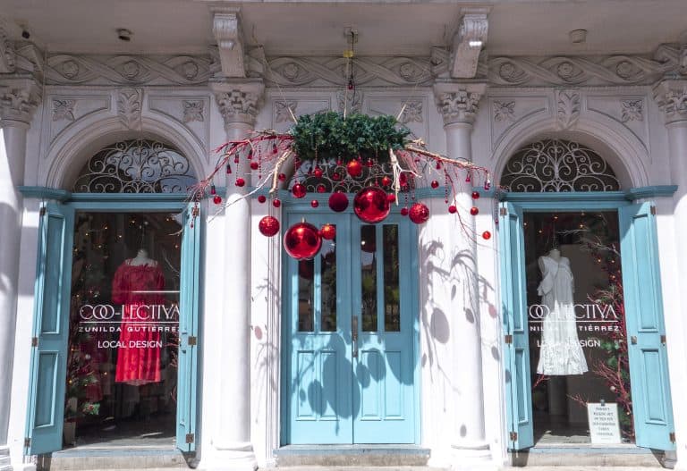 Exclusive designer boutique storefront decorated for Christmas in Casco Viejo, Panama