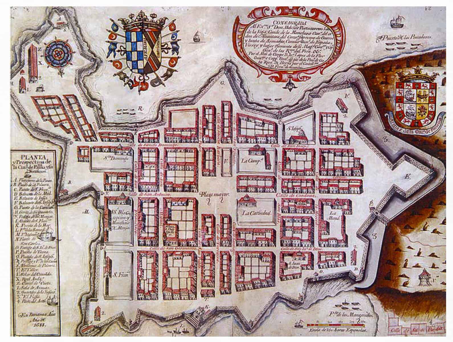 Historic Spanish map showing Casco Viejo’s defensive walls and grid layout after the 1671 pirate attack.