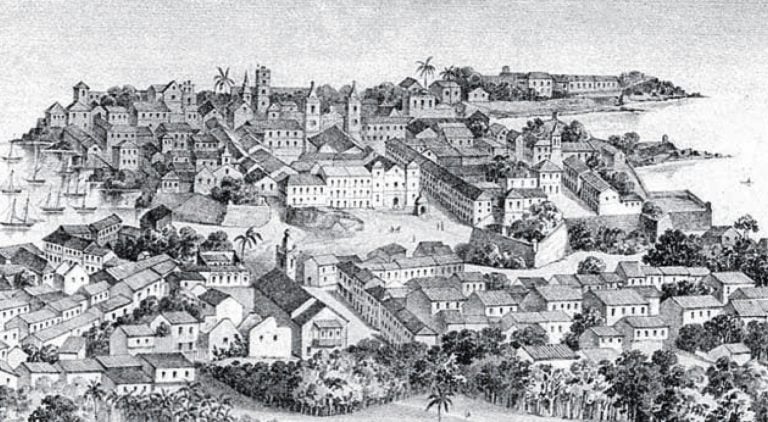 Historic engraving of Casco Viejo, Panama, showing the fortified peninsula and early colonial buildings overlooking the Pacific Ocean.