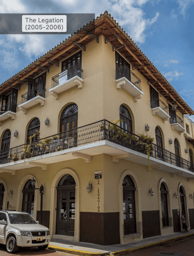 The Legation restored heritage building in Casco Viejo Panama signaling the start of the modern restoration movement with balconies and preserved architecture