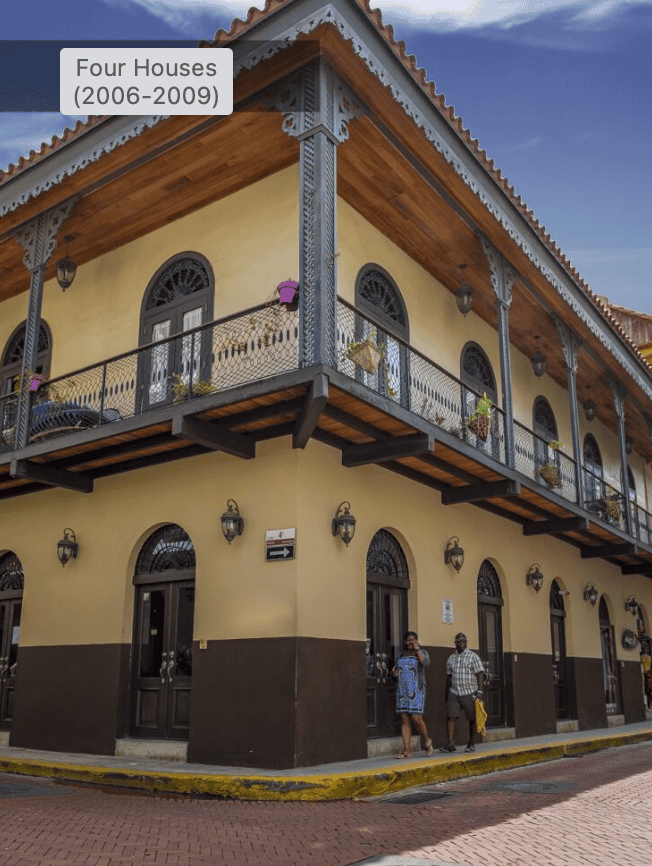 Four Houses restored heritage corner in Casco Viejo Panama bringing life back to the historic district with balconies and preserved original character