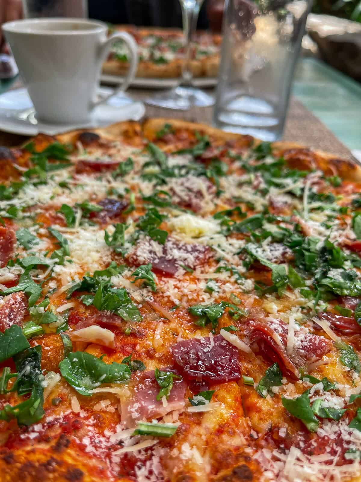 Artisan pizza topped with cured meats, herbs, and melted cheese at a restaurant in Boquete, Panama