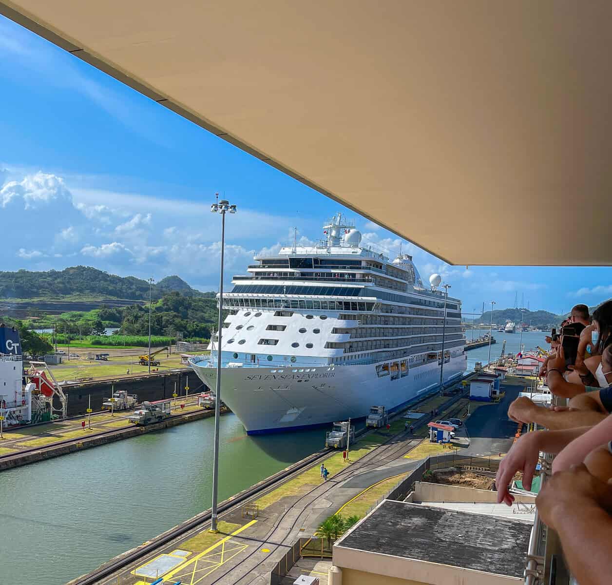 Cruise ship transiting the Miraflores Locks of the Panama Canal viewed from the observation deck