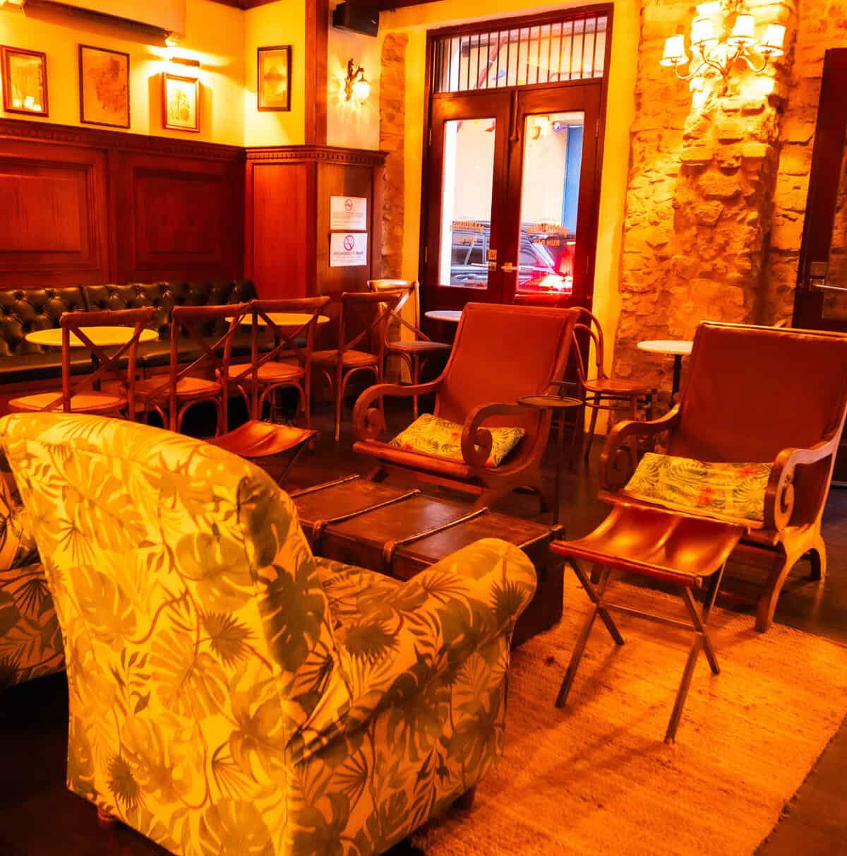 Lounge and social seating area inside Mandinga Rum Bar in Casco Viejo, Panama