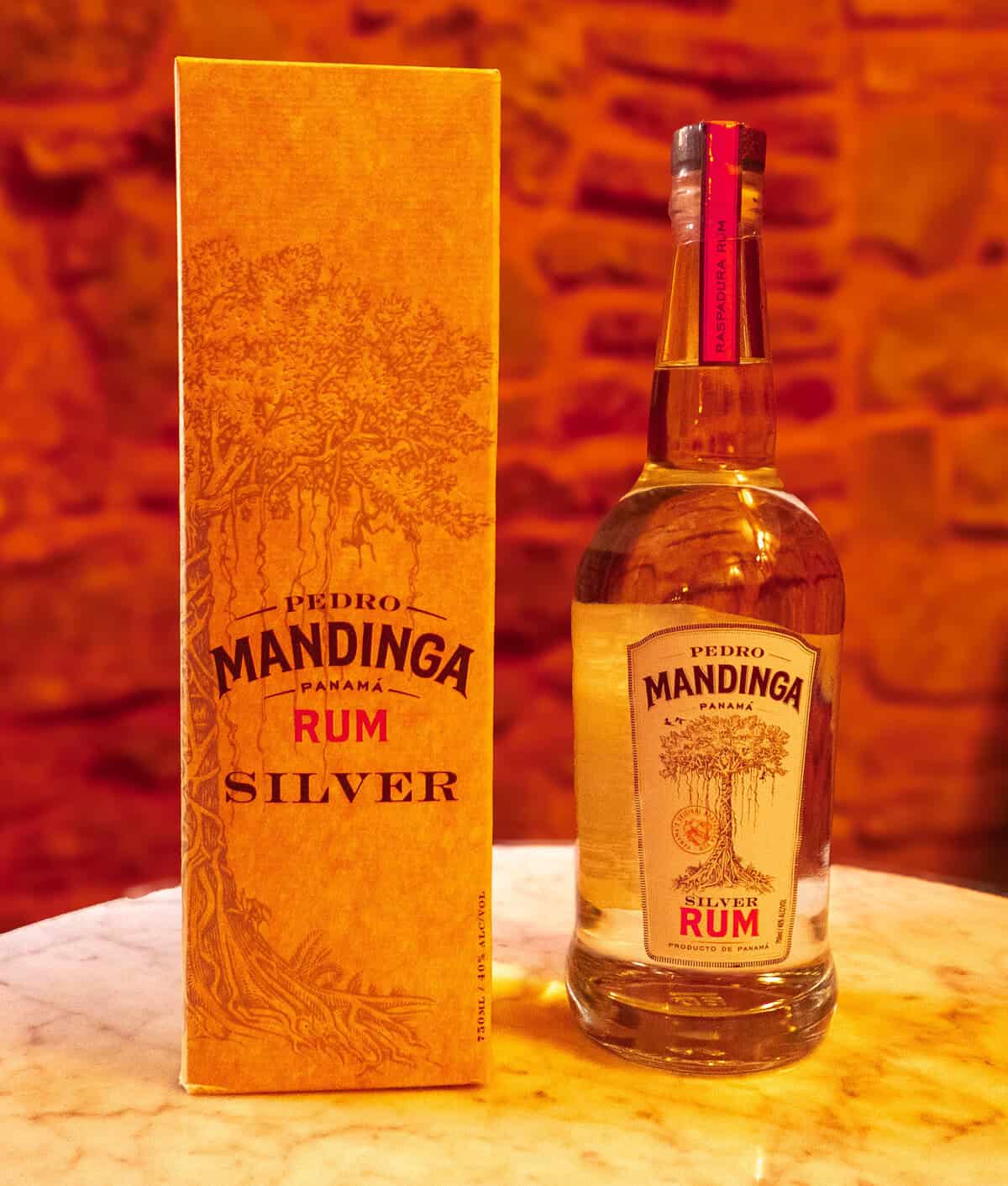 Pedro Mandinga Silver Rum bottle and presentation box available for purchase at Mandinga Rum Bar in Casco Viejo, Panama