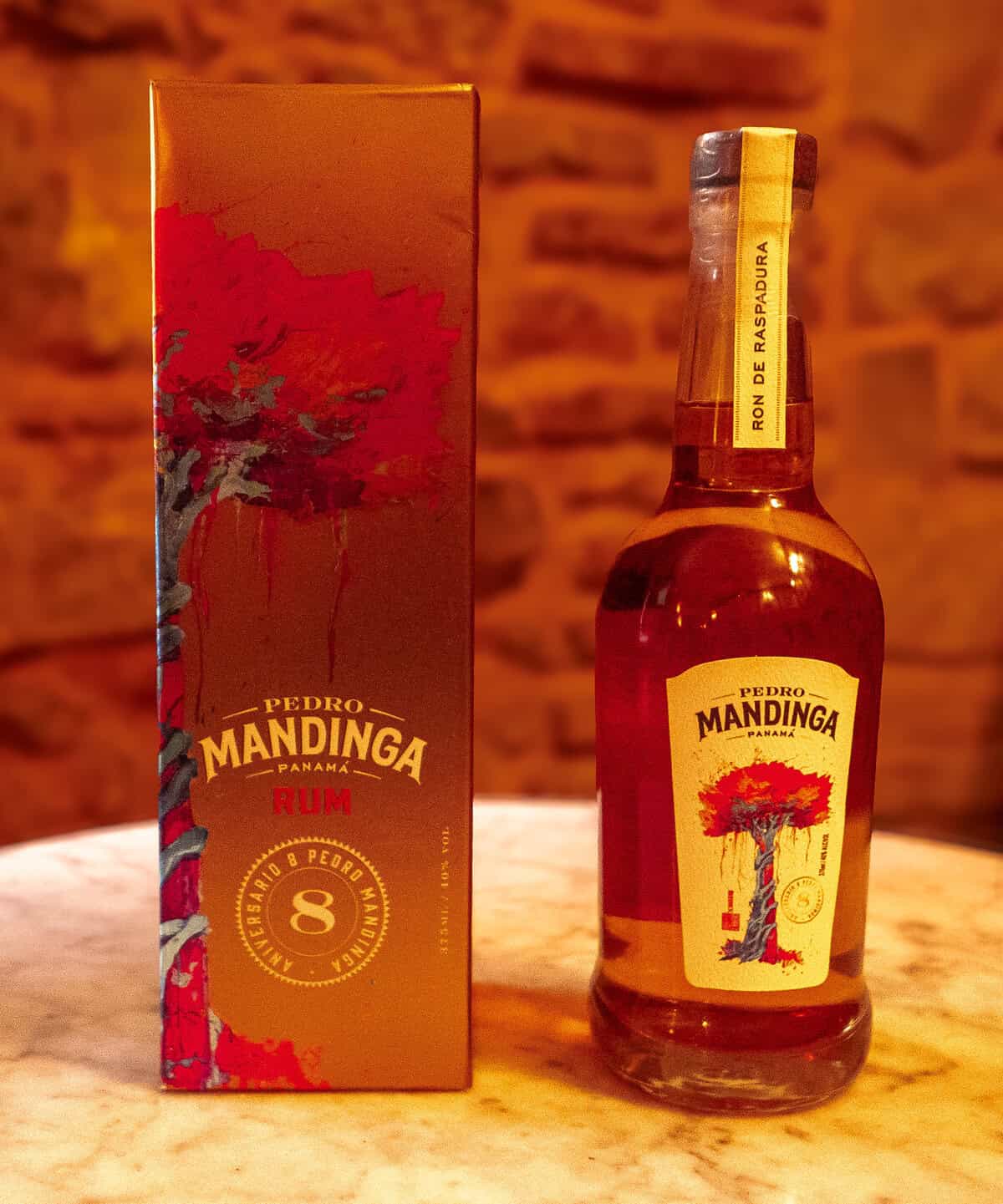 Pedro Mandinga 8 Year Rum bottle and presentation box available for purchase at Mandinga Rum Bar in Casco Viejo, Panama