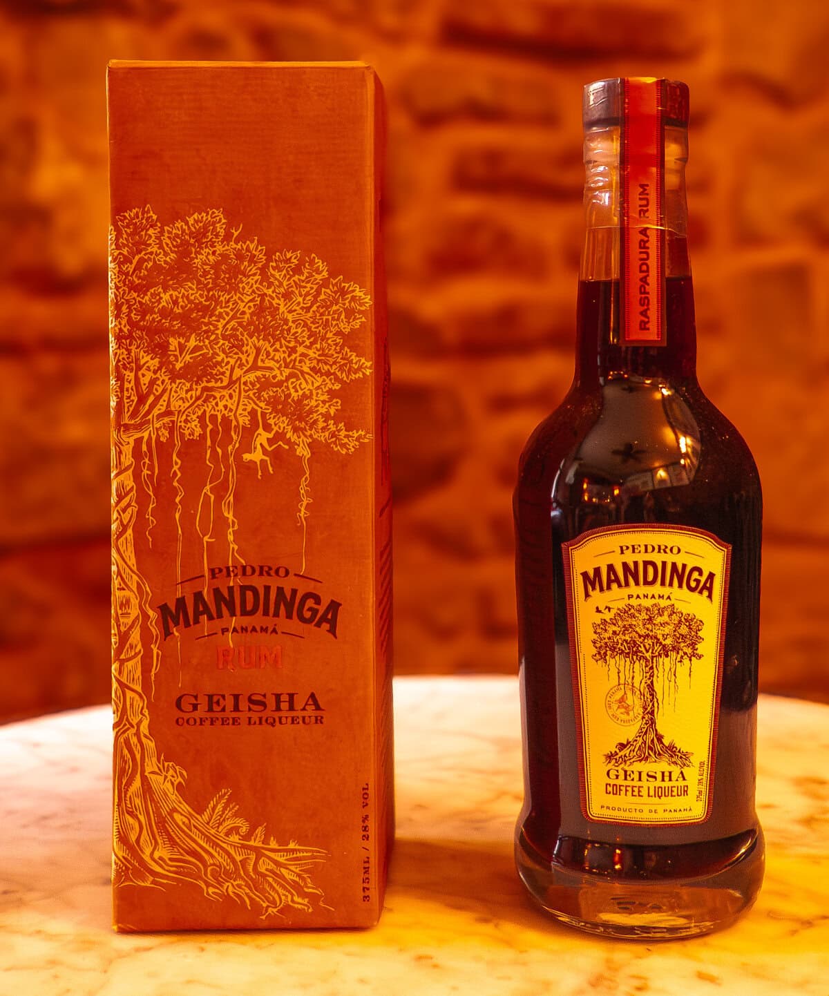 Pedro Mandinga Geisha Coffee Liqueur bottle and presentation box displayed at Mandinga Rum Bar in Casco Viejo, Panama