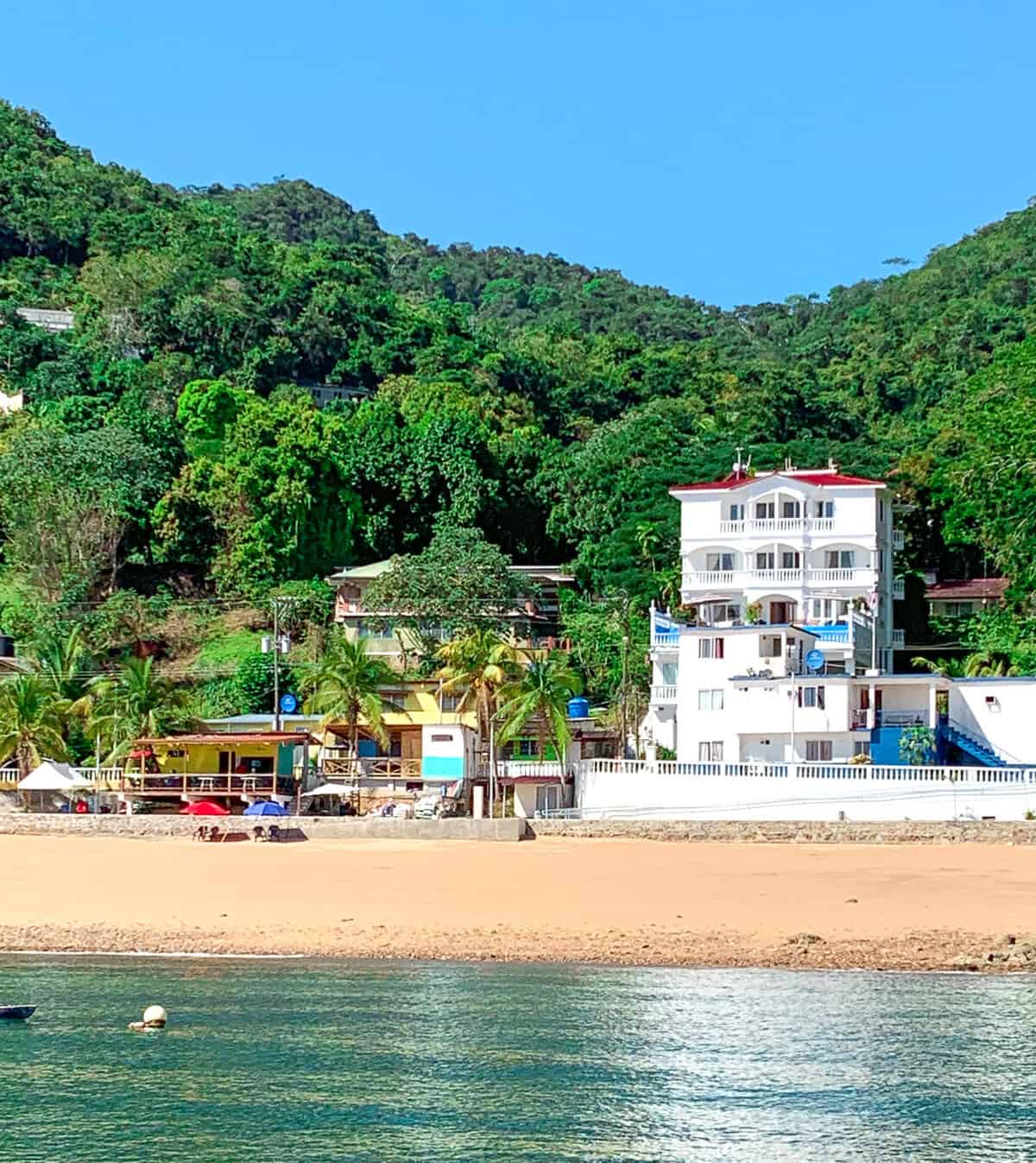 Beachfront hotels and guesthouses along the shoreline of Taboga Island, Panama