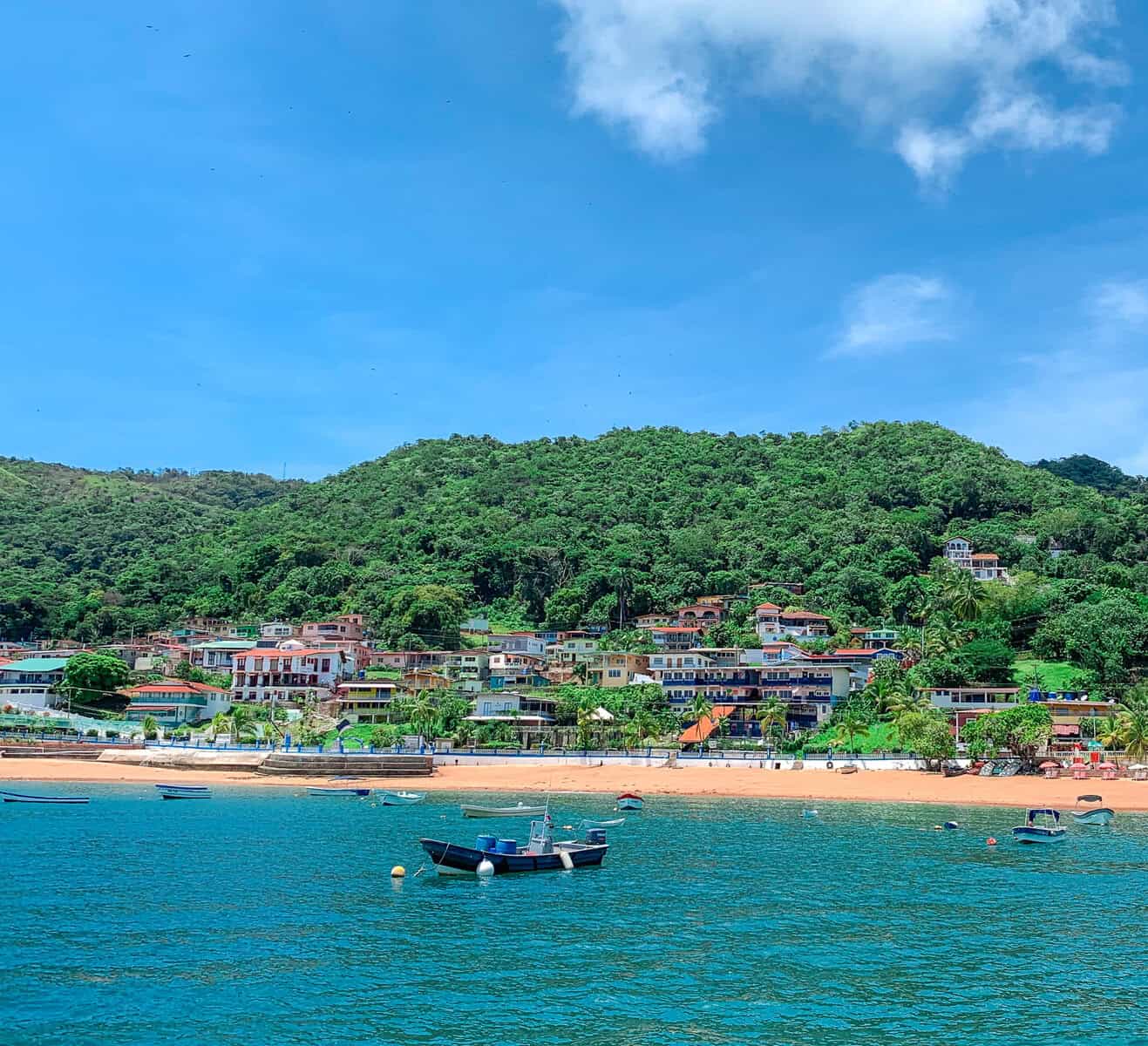 View of Taboga Island village and main beach from the water near Panama City