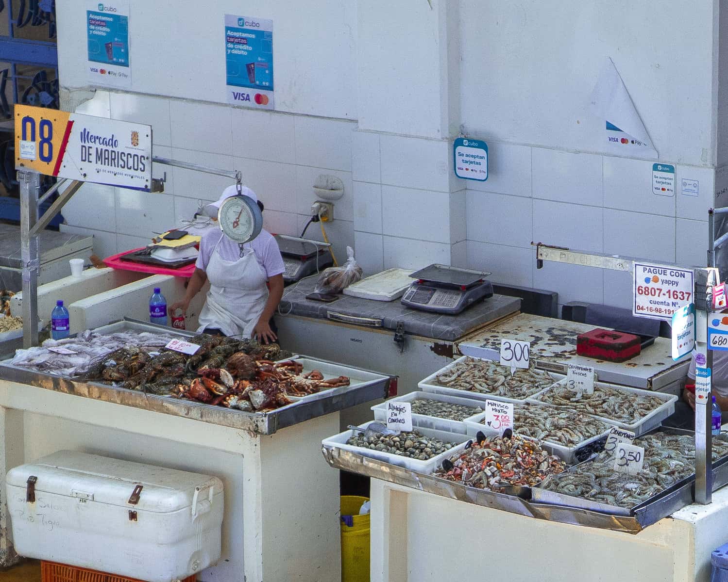 Seafood vendors prepare and cut fish at individual stalls inside the Casco Viejo Fish Market in Panama City.