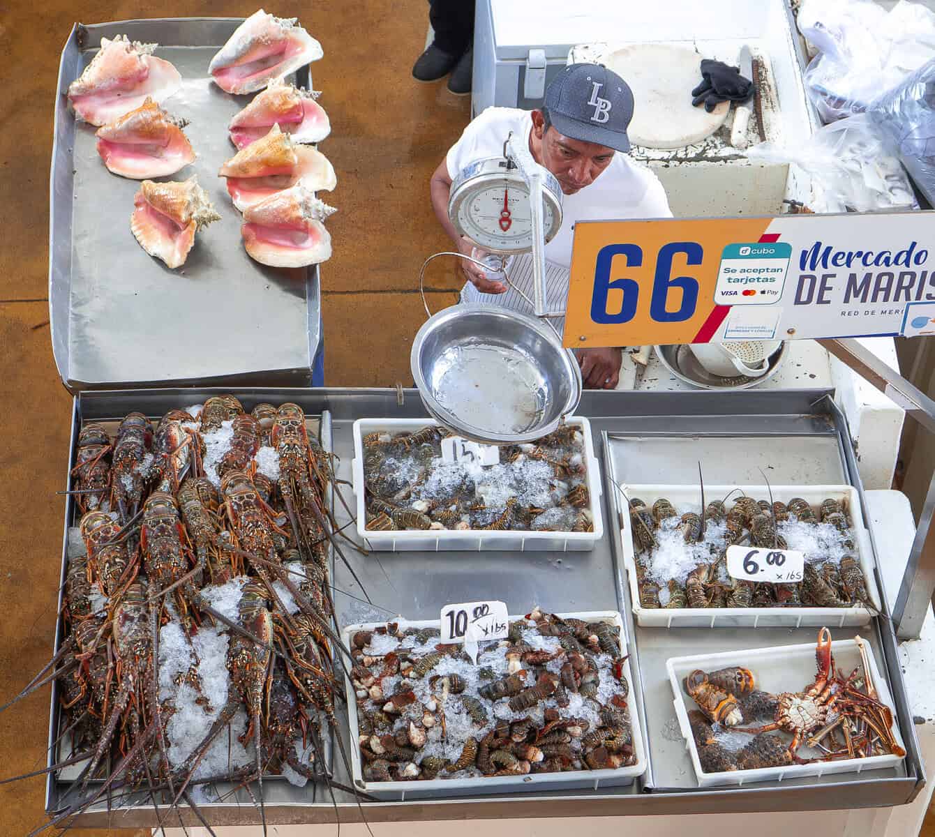 Seafood vendors work behind market stalls at the Casco Viejo Fish Market, with fish and shellfish displayed on ice and prices marked for local buyers.