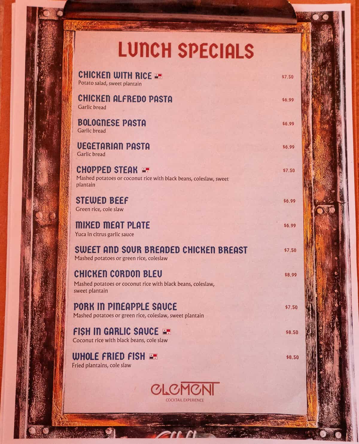 Lunch specials menu at Element Bar Casco Viejo highlighting traditional Panamanian dishes served during the daytime