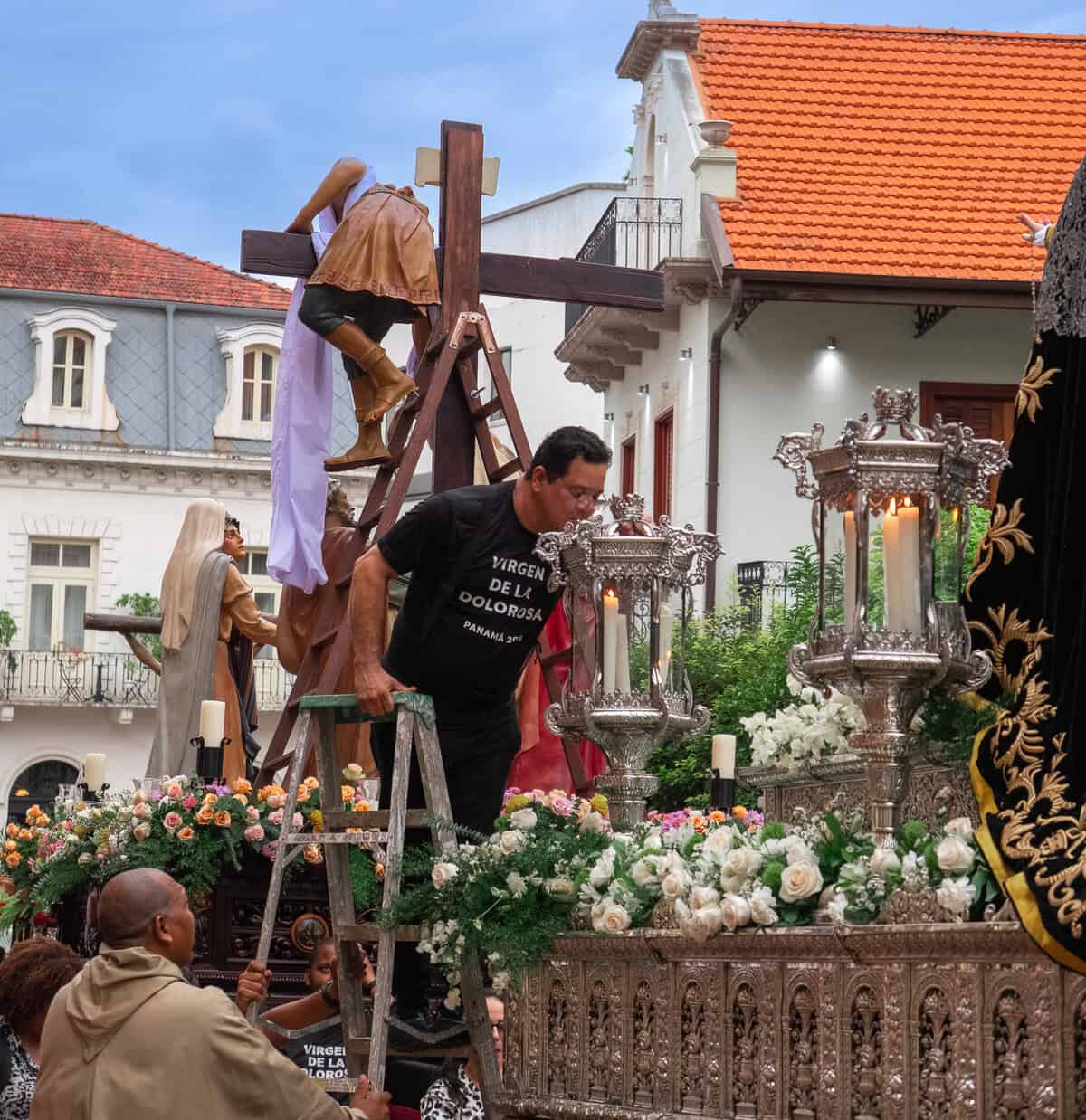 Volunteers preparing crucifixion float for Holy Week procession in Casco Viejo Panama