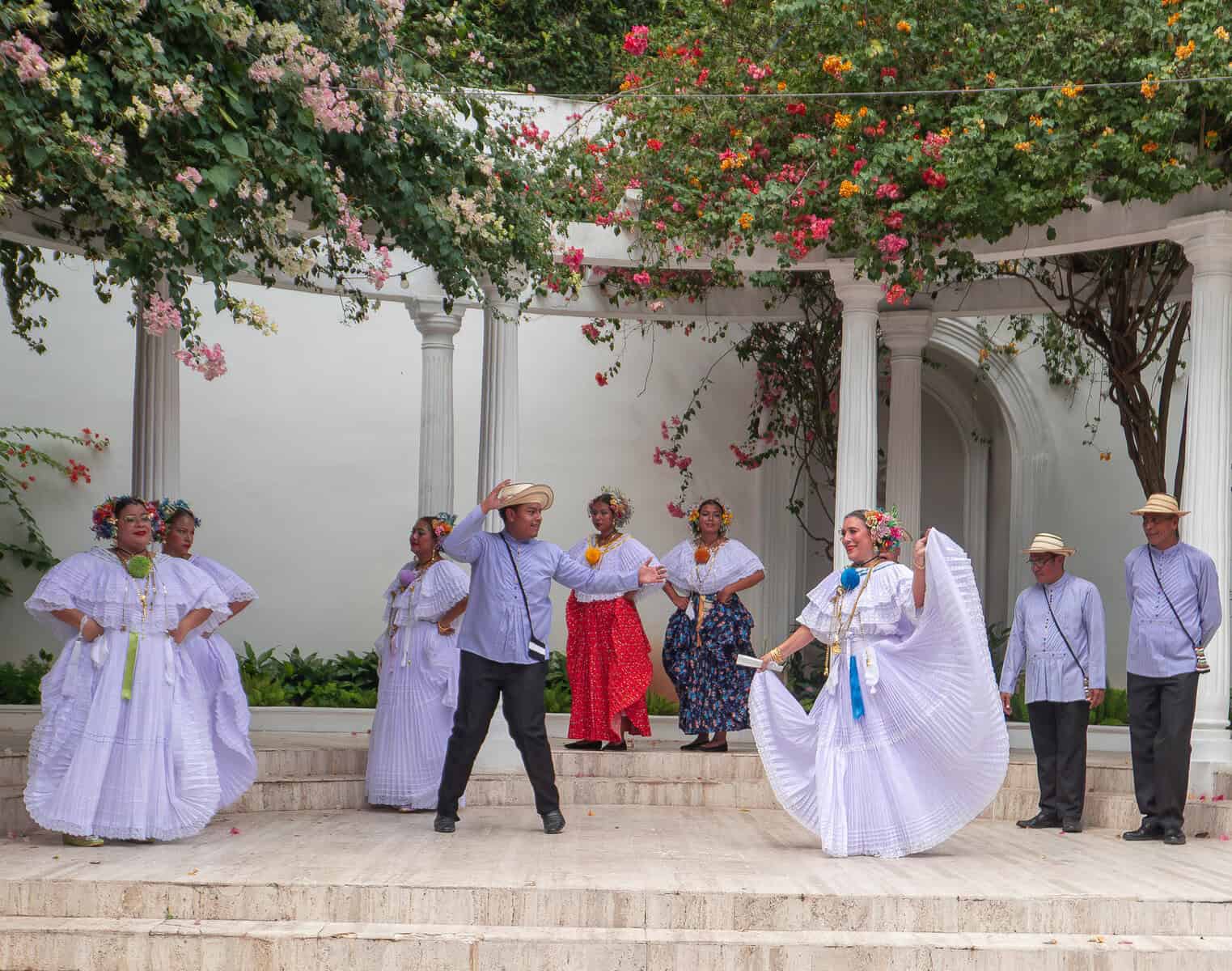 Traditional dancers performing in the grand courtyard of the Mayor’s House during Casco Peatonal in Casco Viejo, Panama City
