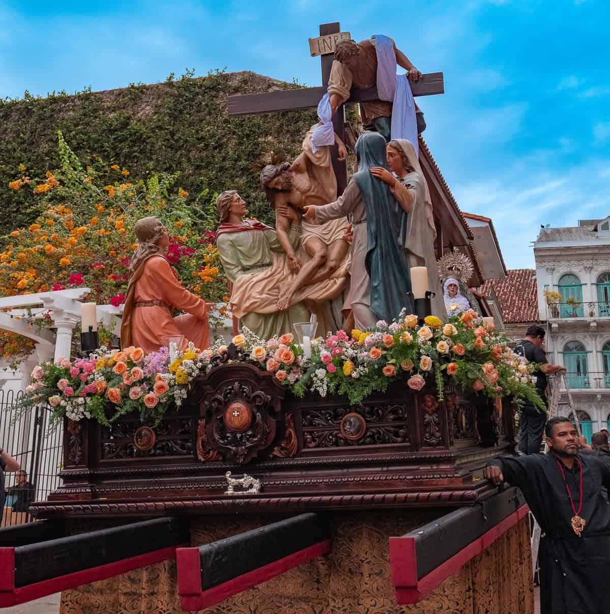 Holy Week procession float staging at the starting point in Casco Viejo Panama before Semana Santa procession begins