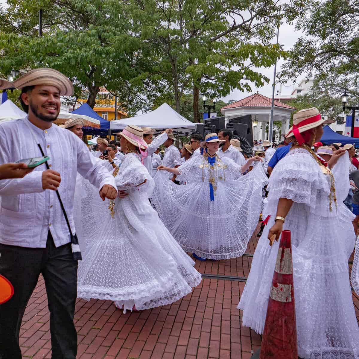 Traditional pollera dancers performing during Casco Peatonal in Casco Viejo, Panama City