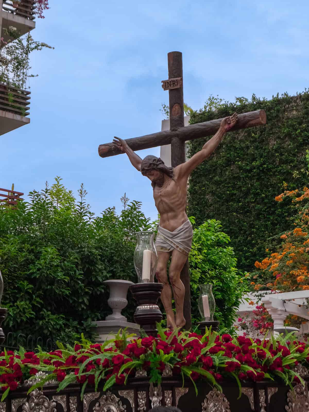 Crucifixion float prepared for Holy Week procession in Casco Viejo Panama during Semana Santa