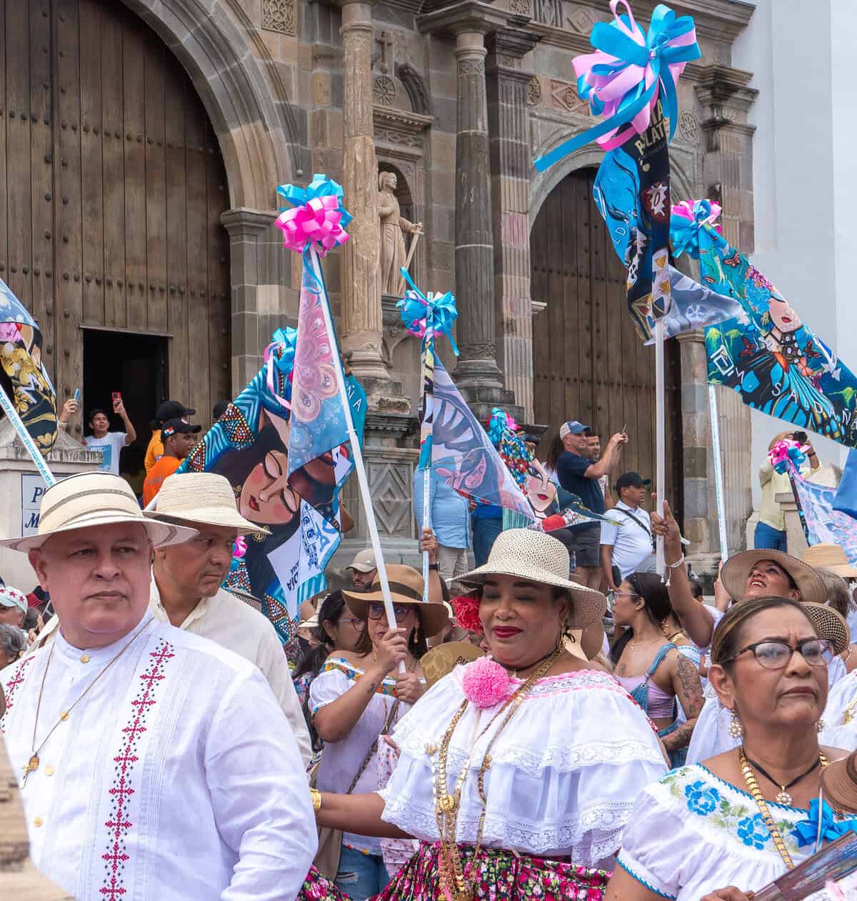Cultural parade in front of the Metropolitan Cathedral during Casco Peatonal in Casco Viejo, Panama City