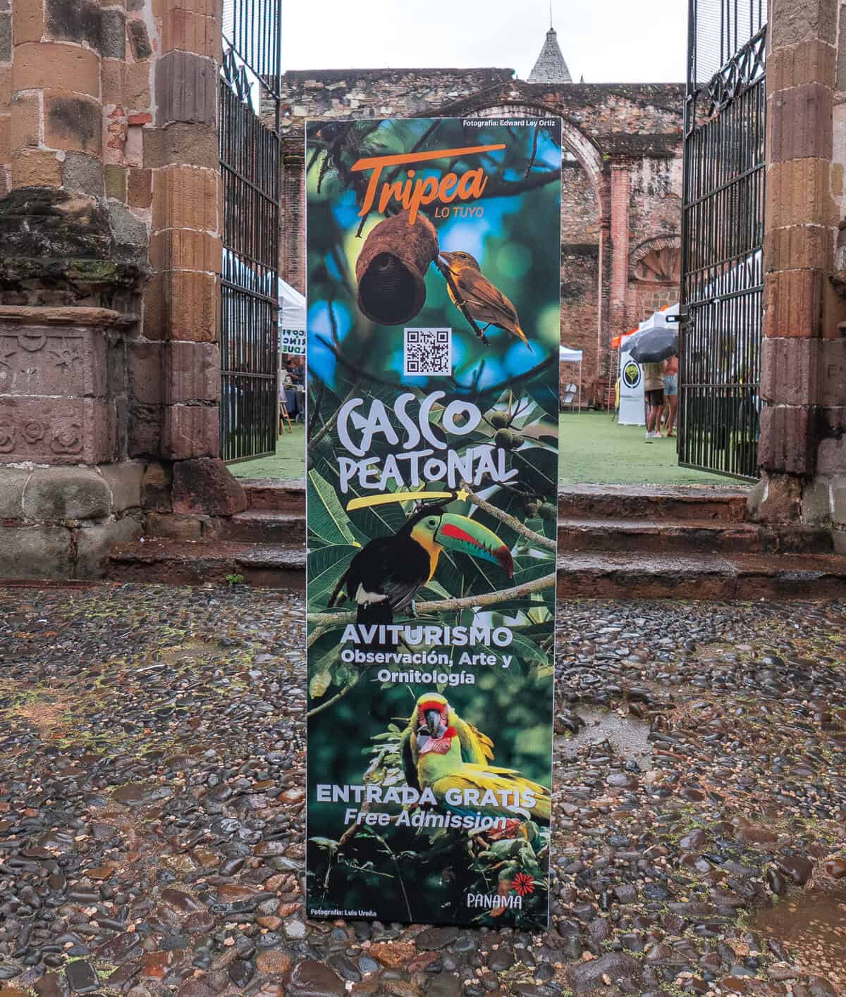 Casco Peatonal exhibition signage inside the ruins of La Compañía in Casco Viejo, Panama City