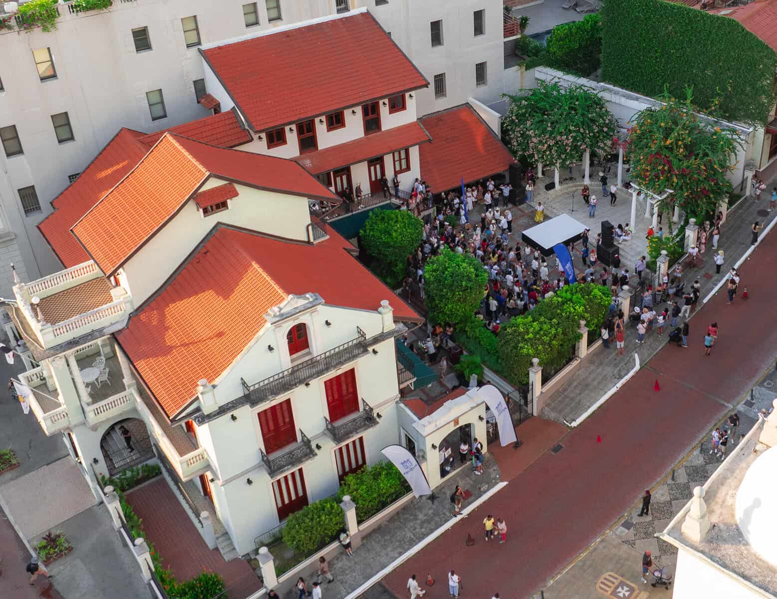 Aerial view of the Mayor’s House near Plaza Bolívar during Casco Peatonal in Casco Viejo, Panama City