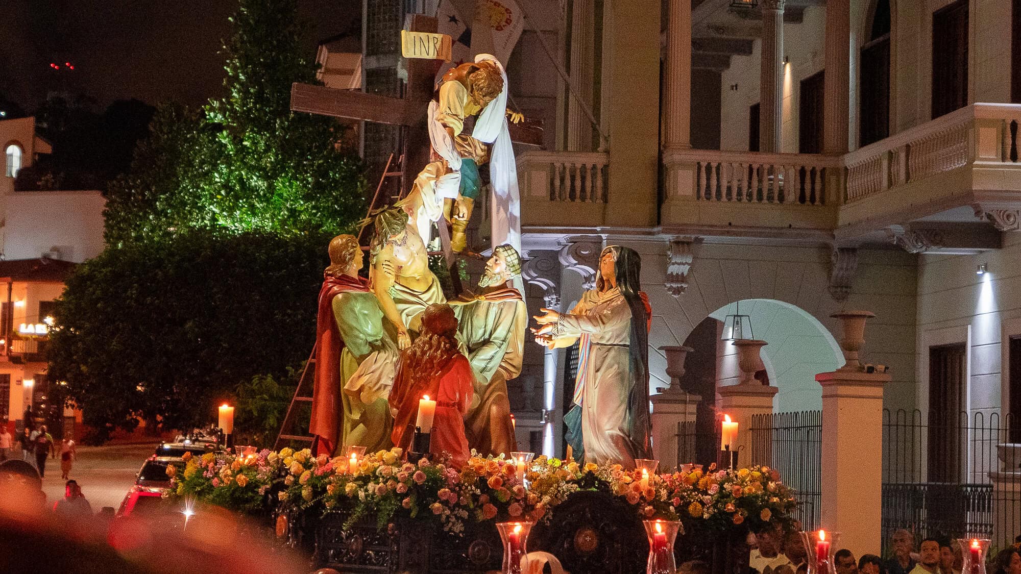 Holy Week procession in Casco Viejo Panama with religious statues carried through colonial streets at night during Semana Santa