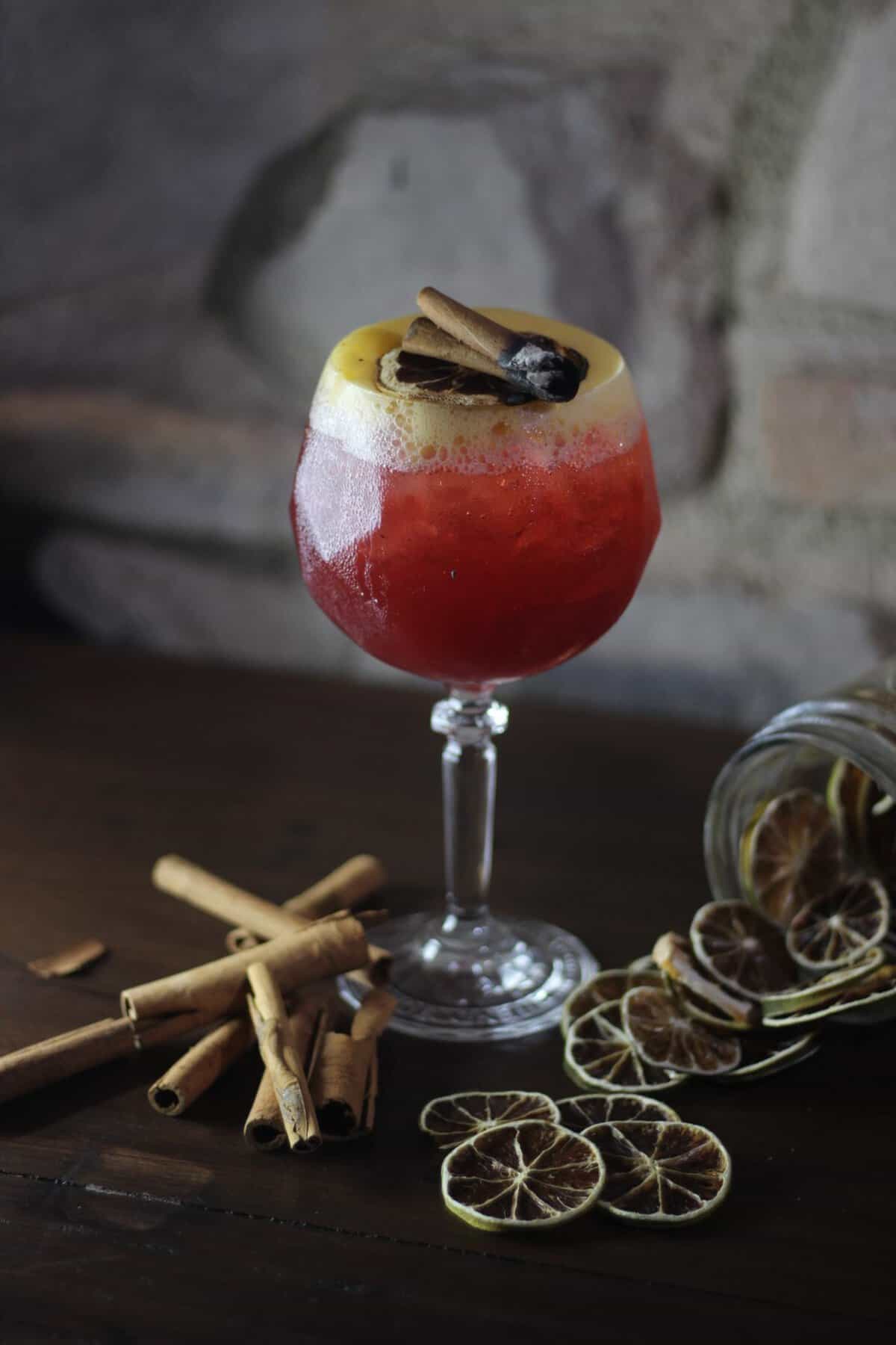 Craft cocktail at Element Bar Casco Viejo garnished with cinnamon and dried citrus